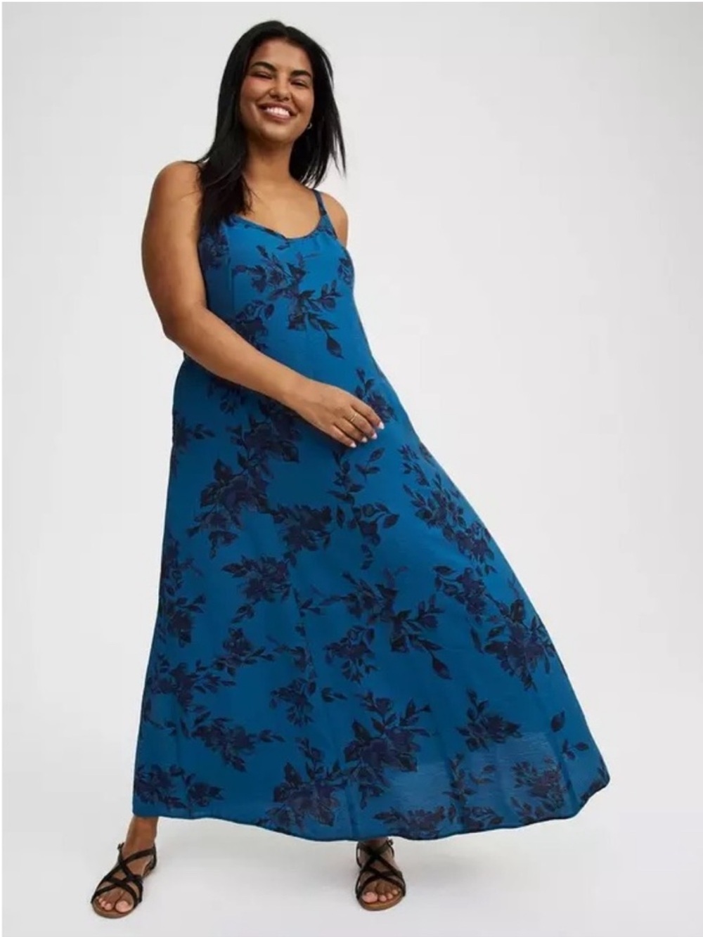 Teal Blue Floral Maxi Slip Dress with Spaghetti Straps
